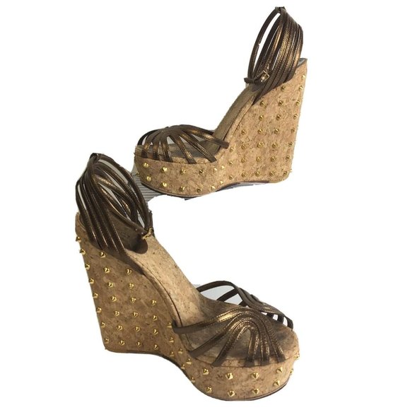 GUCCI Metallic Bronze  Calfskin Studded Platform Wedge Sandal 36.5 - Picture 1 of 11